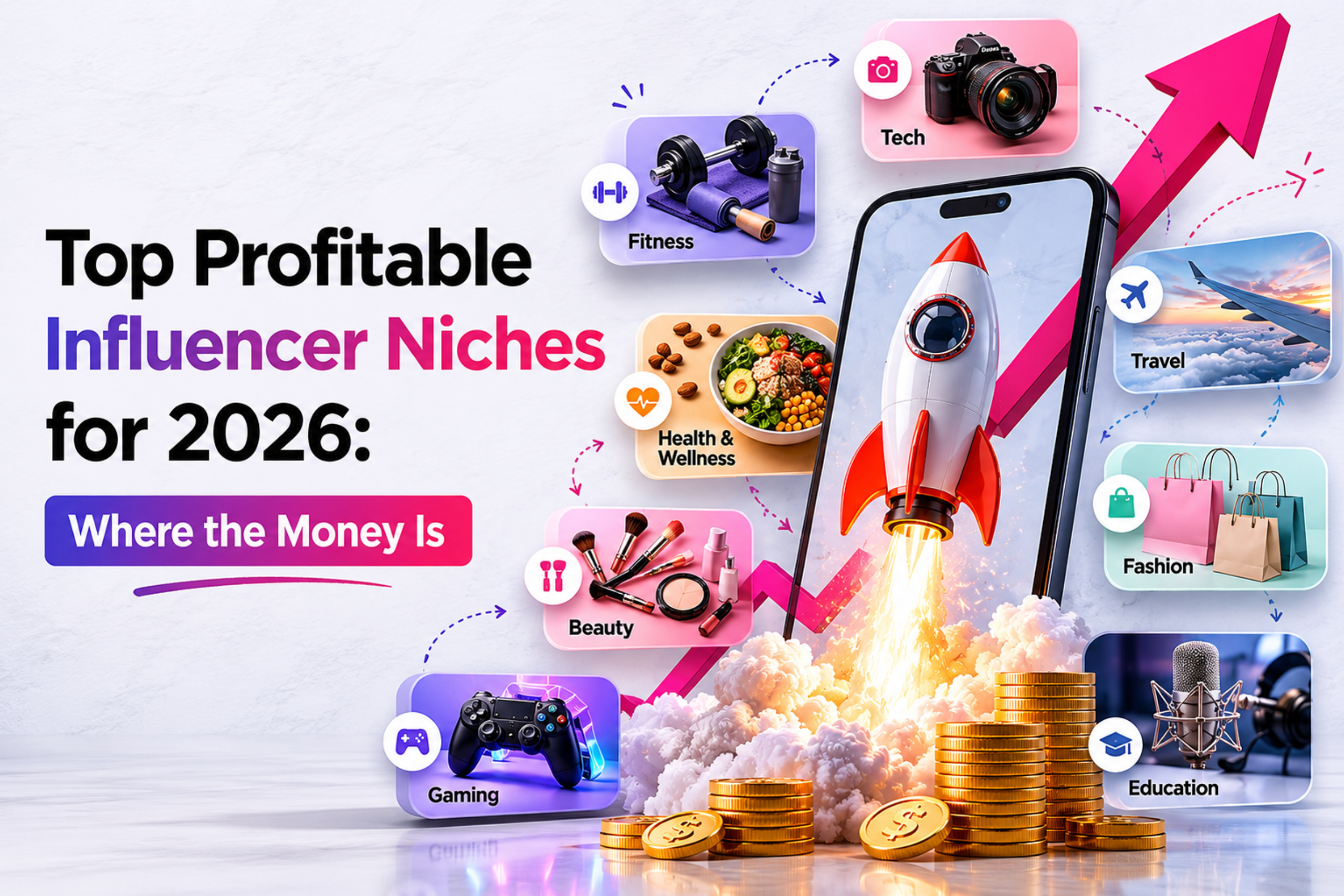 Top profitable influencer niches for 2026 infographic with tech, fitness, beauty, gaming, travel, and fashion themes.