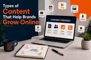Minimal blog banner illustrating different types of content that help brands grow online with a content strategy laptop, marketing icons, and modern workspace in navy blue and orange.